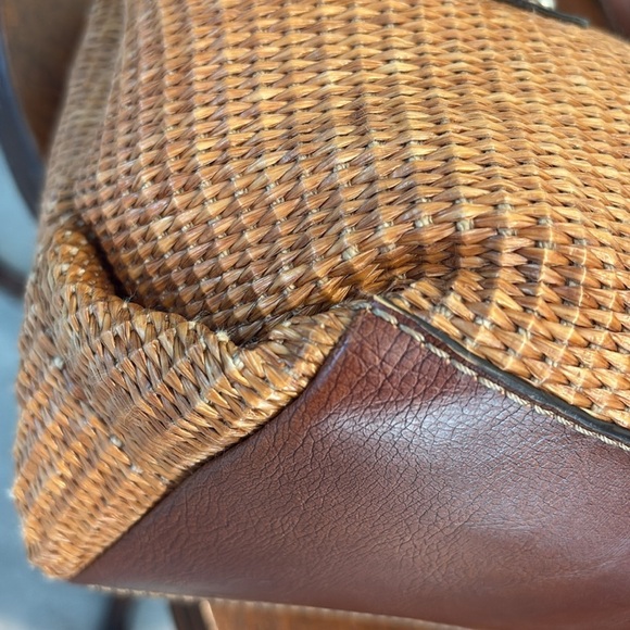 Fossil Vintage Straw bag/leather trim cinnamon brown/brown Silvertone 3 compart - Picture 14 of 17